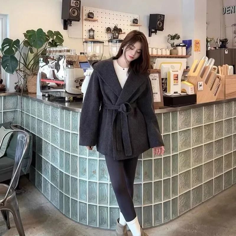 Elegant Hooded Lace-Up Woolen Jacket