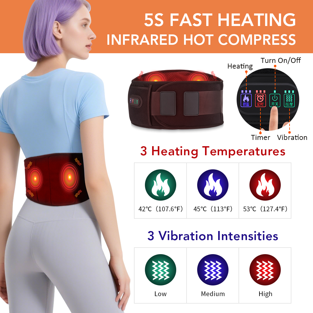 Back Support Belt 3 Levels Red Light Heat, Electric Heating Waist Massager with Vibration Hot Compress Brace Belt
