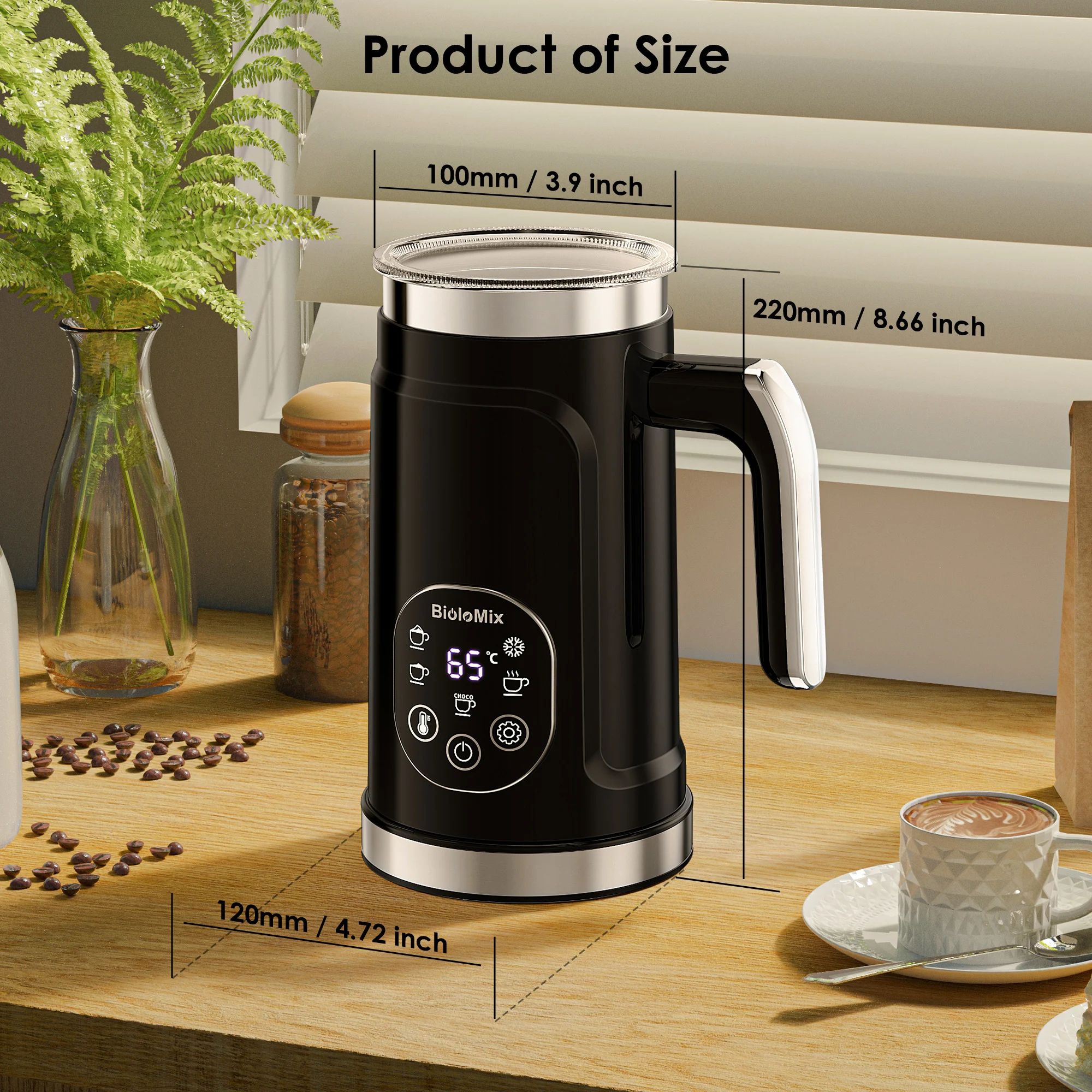 BioloMix 5-in-1 Smart Milk Frother with LED Touch Display – Hot & Cold Foam Maker & Warmer