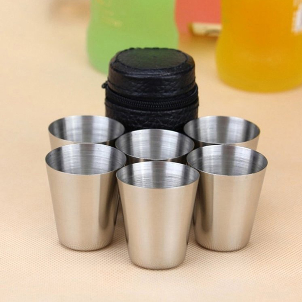 6Pcs Travel Stainless Steel Cups Mini Set, Outdoor Portable Drinkware Case, Whisky Wine Glasses