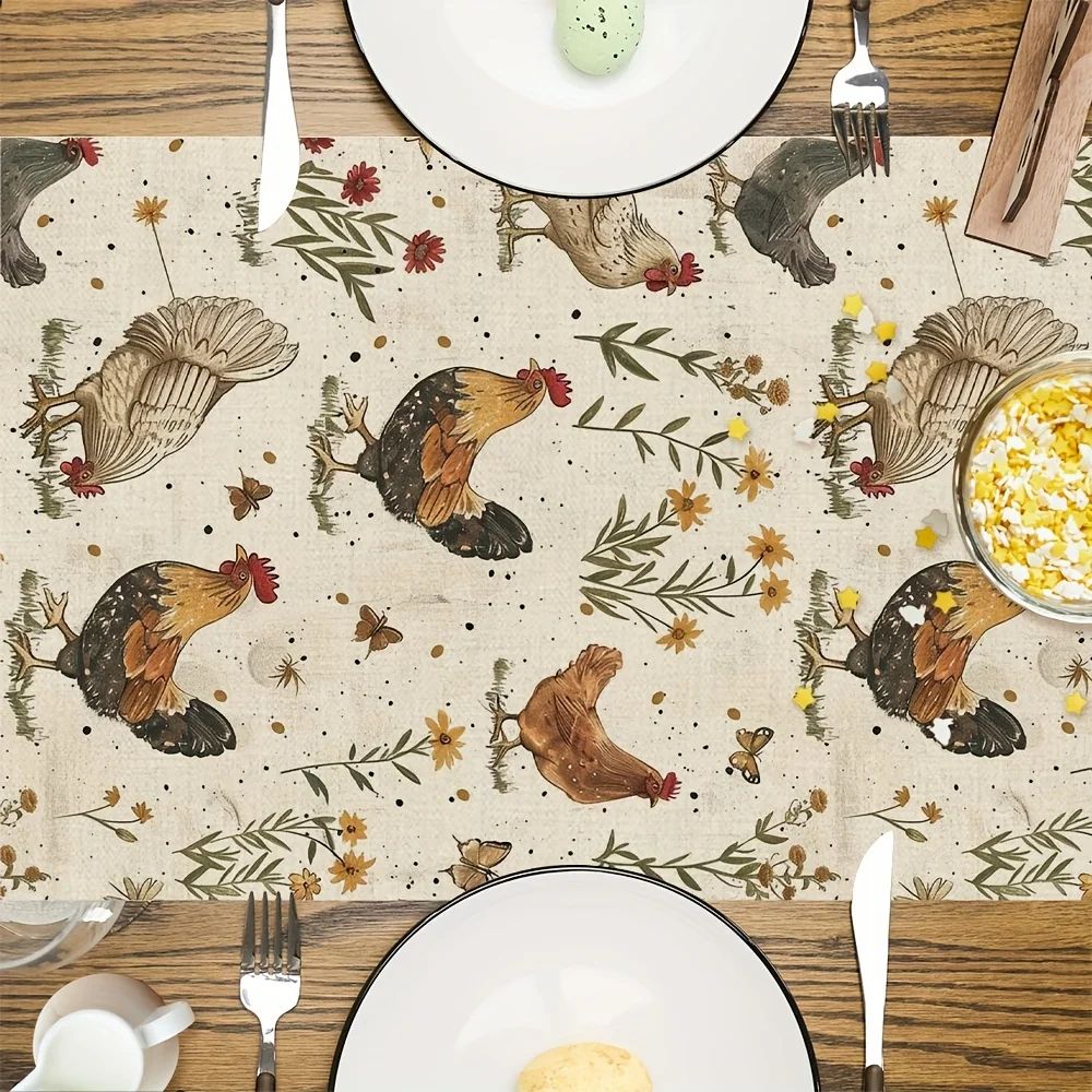 Farmhouse Rooster Linen Table Runner with Wildflower & Butterfly Design
