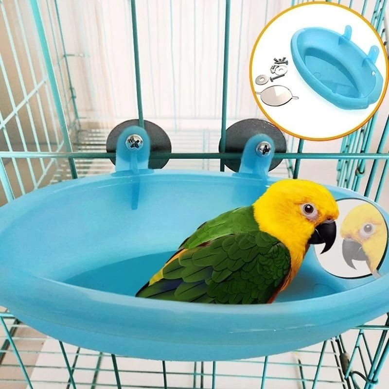 Hanging Bird Water Bath Tub with Mirror Durable Pet Cage Bathing Bowl for Parrots & Parakeets