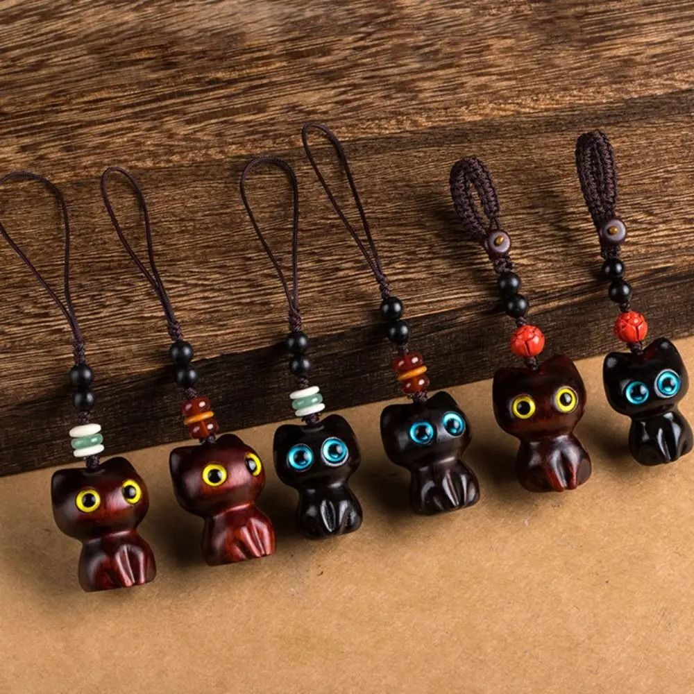Creative Cute Cat Shape Lucky Blessing Charm Sandalwood Keychain Pendant