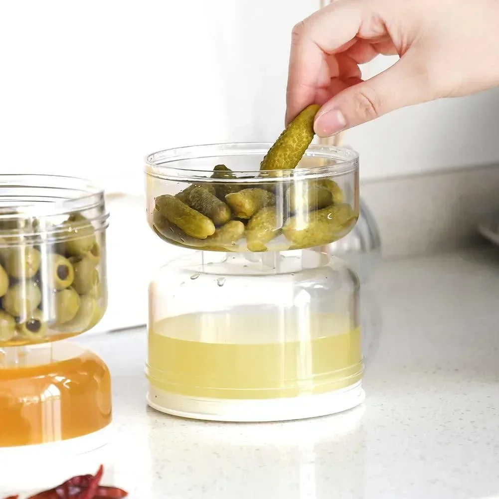 Pickle Jar for Home Wet and Dry Separation with Flip Container Sealed Hourglass Design for Olives with Strainer