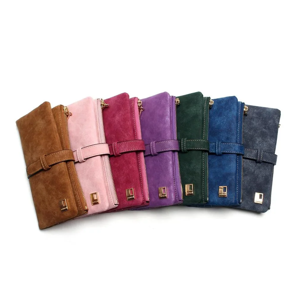 Elegant Nubuck Leather Women Wallet Long Zipper Clutch with Card Holder