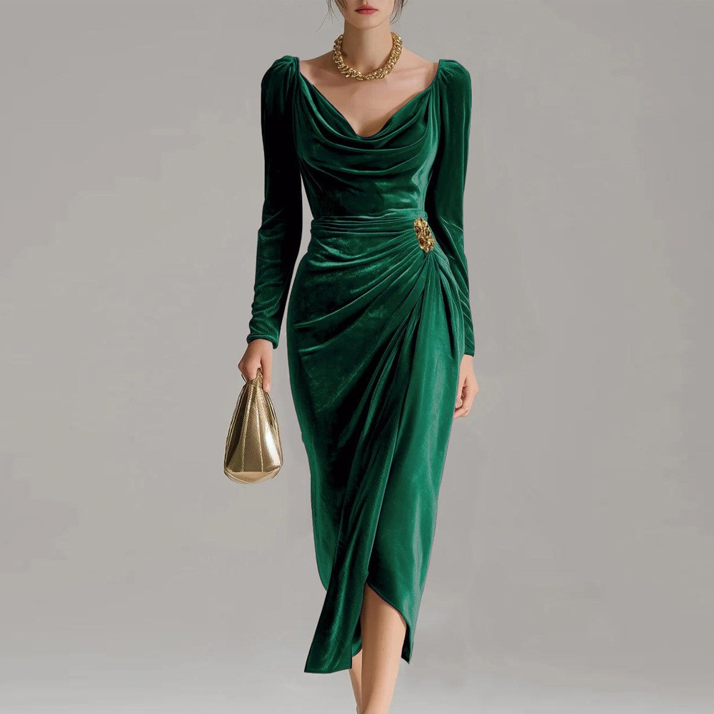 Casual Gold Velvet Sexy Bodycon Dress, European and American Womens Long Sleeve Slim Pleated Split Style