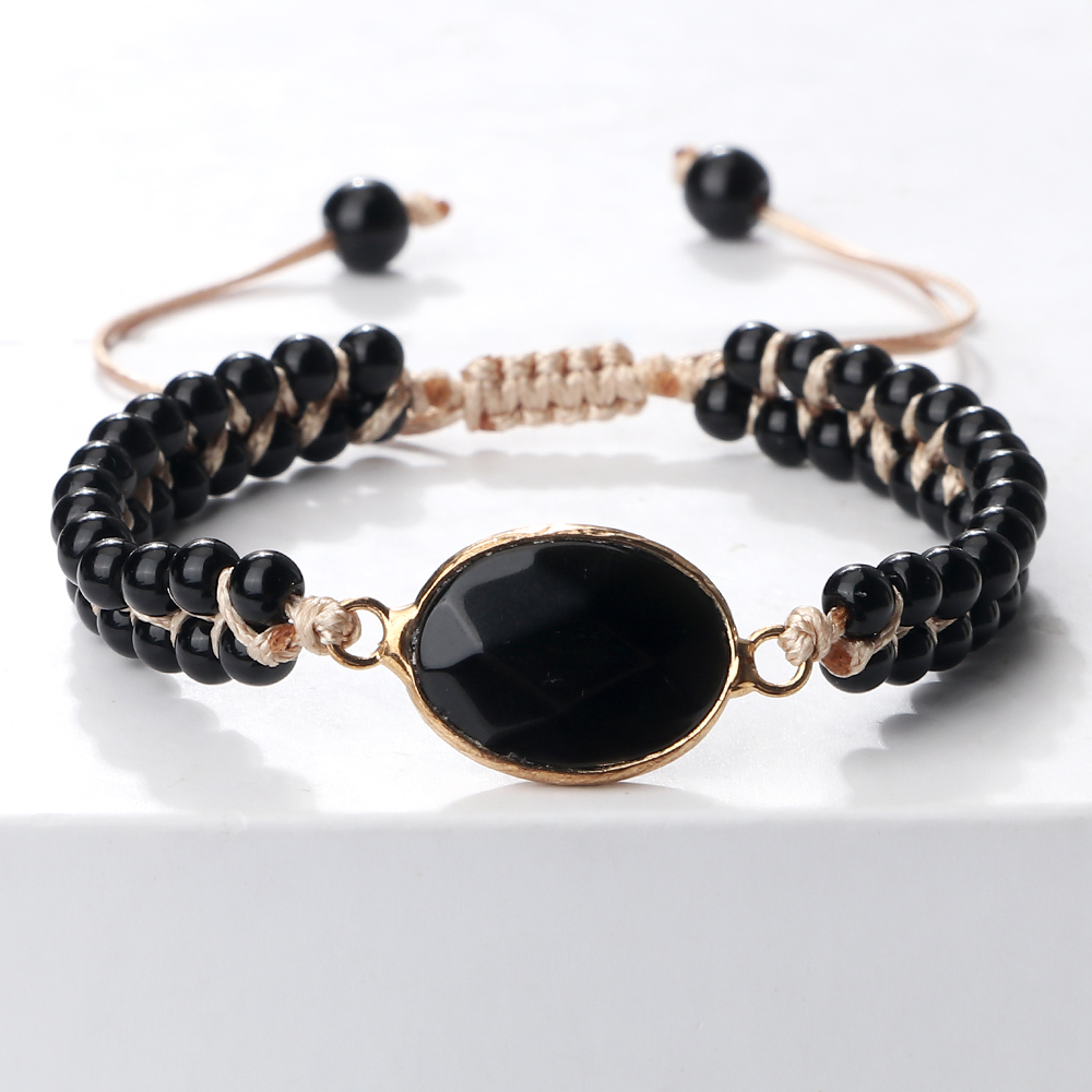 Black Onyx Braided Bracelet, Handmade Adjustable Obsidian Pendant, Women Wrist Bangle, Men Prayer Jewelry Gift