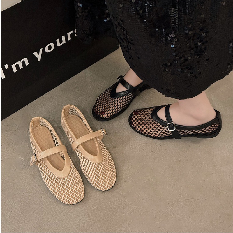 Breathable Mesh Black Ballet Shoes, Soft Sole Round Toe Flats for Girls, Female Spring Summer Walking Street Sandals