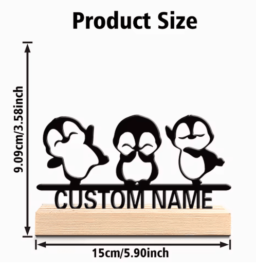 Cute Penguin Metal Statue Decor Adorable Animal Sculpture with Wooden Base for Home & Office