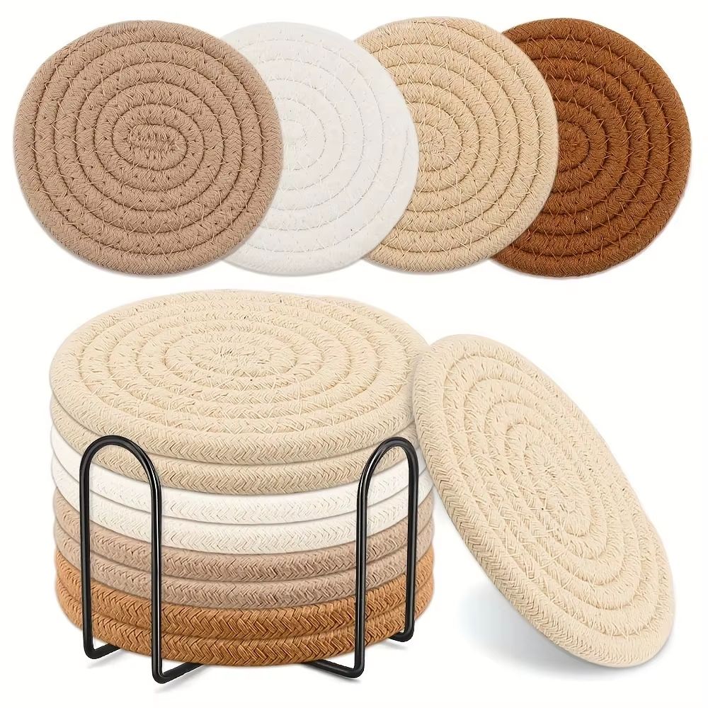 8 Piece Woven Drink Coaster Set With Holder High Temperature Resistant Absorbent Coasters