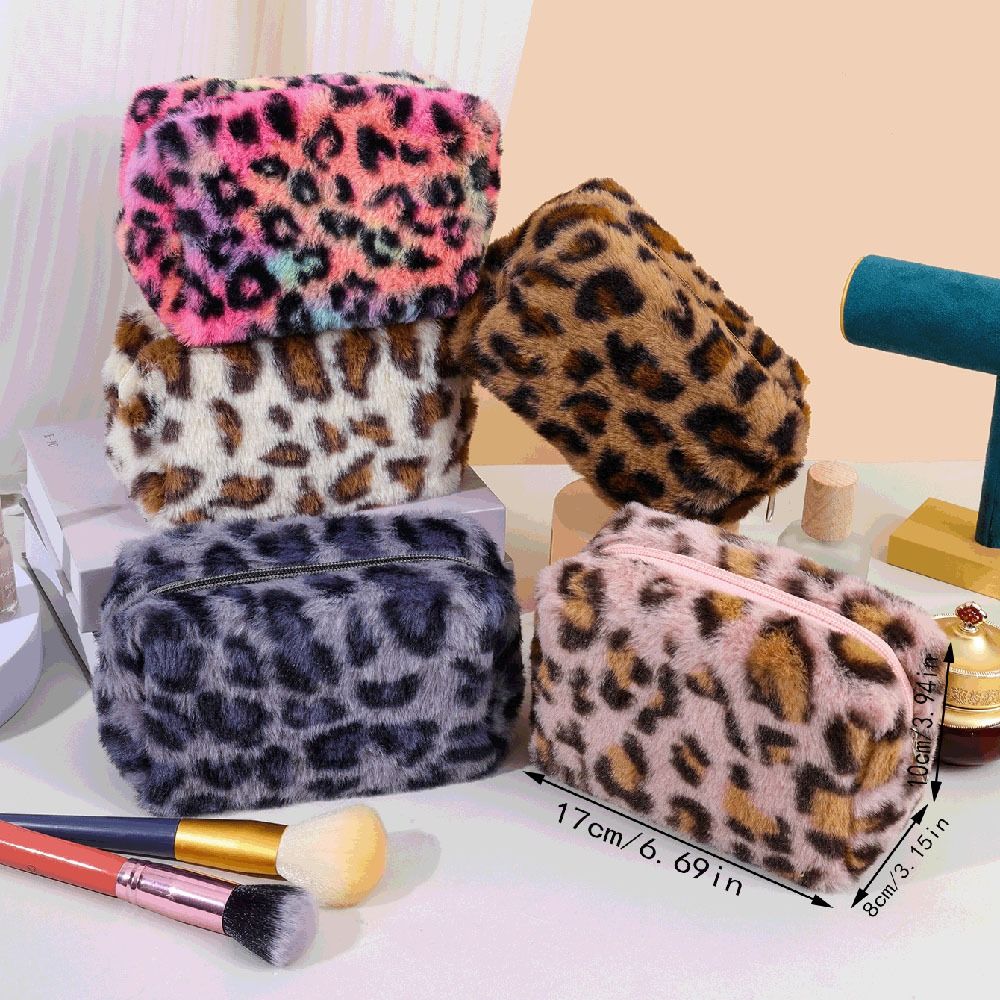Fashion Leopard Print Makeup Bag, High quality Large Capacity Zipper Toiletry Bag, Portable Plush Travel Organizer