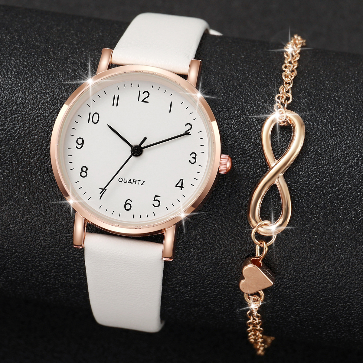 Womens Fashion Quartz Watch with Arabic Dial, Leather Band, and Gold Heart Bracelet Set