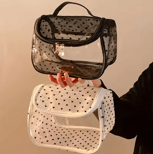Large-Capacity Heart Mesh Makeup Bag – Frosted Transparent Cosmetic Travel Pouch