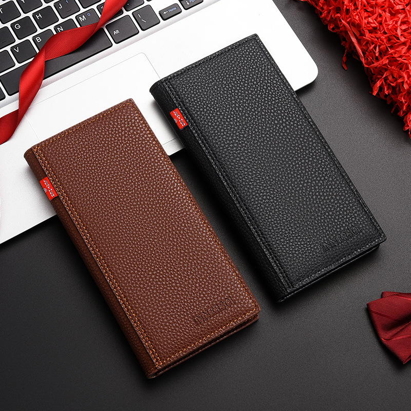 Mens Multifunctional Soft Leather Business Wallet Lychee Pattern Long Fashion Wallet