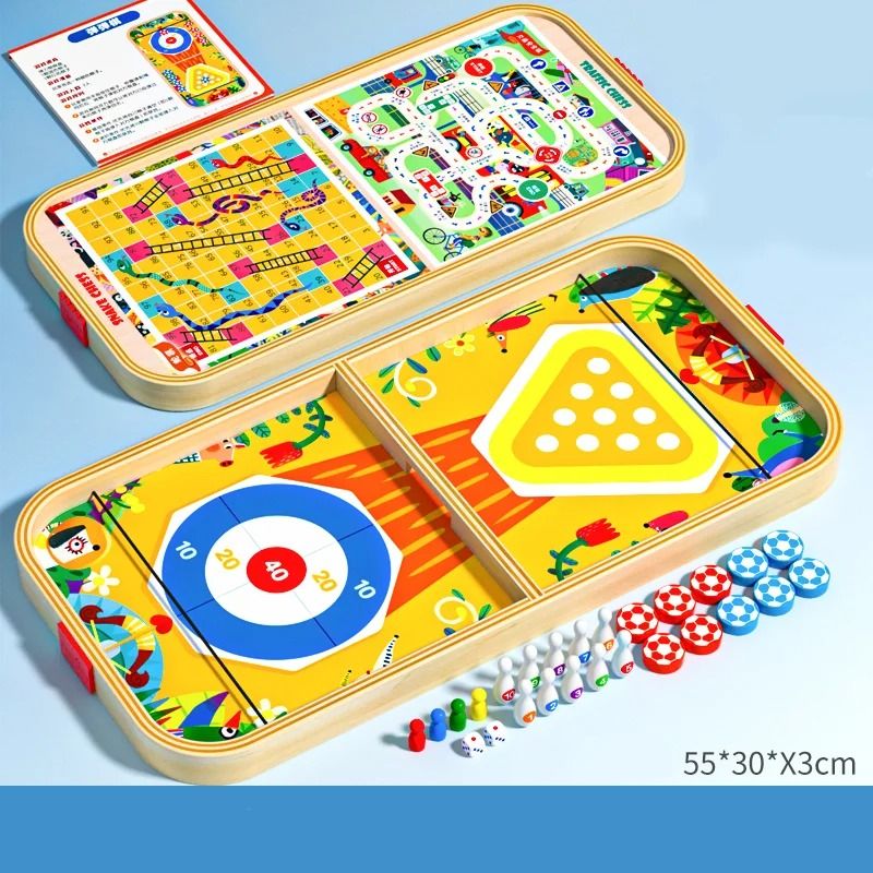 Wooden Multi Game Board Set Bounce Chess Hockey and Bowling Family Game