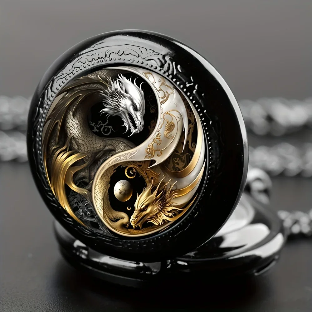 Retro Golden Silvery Double Dragon Quartz Pocket Watch, Stylish Design