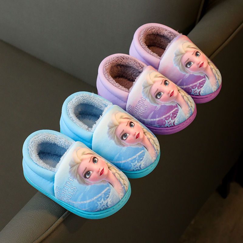 Elsa Winter Cotton Slippers for Girls, Disney Princess Frozen Heel Slippers, Black Purple Kids' Warm Flats Shoes