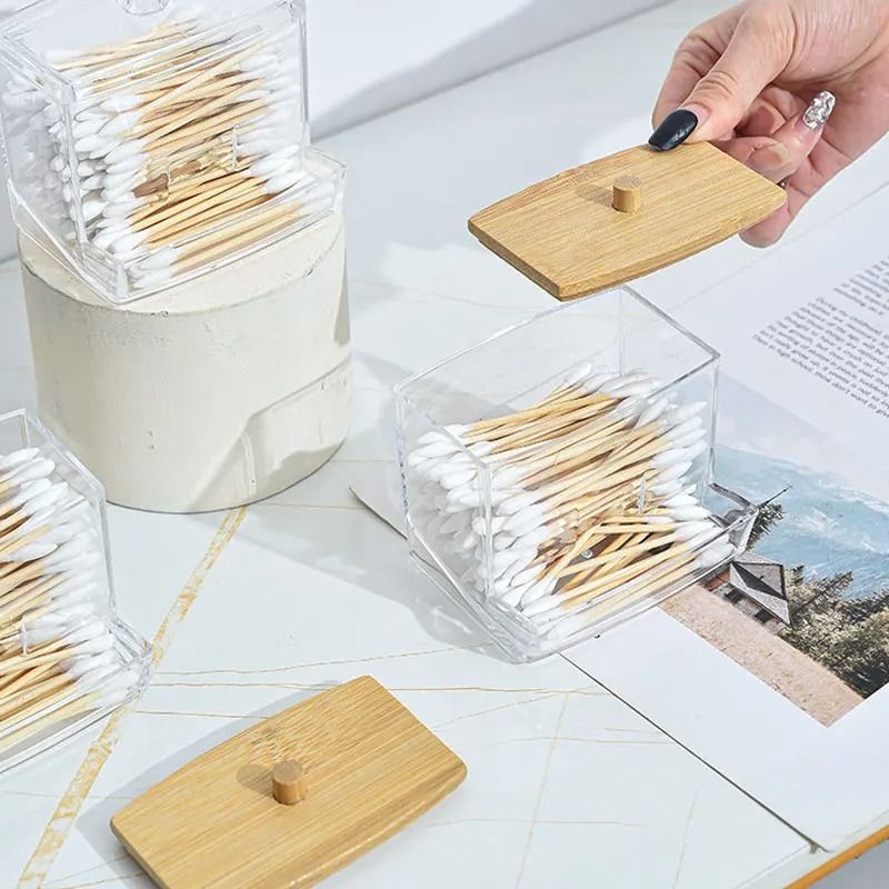 7 Oz Cotton Swab and Pad Holder with Wood Lid