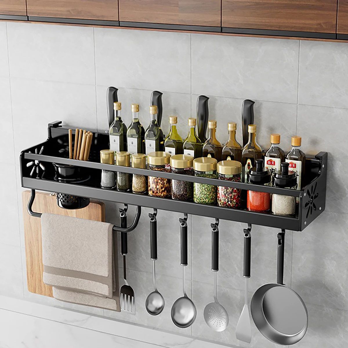 Wall Mounted Kitchen Shelf No Drill Metal Storage Rack Large Capacity Organizer