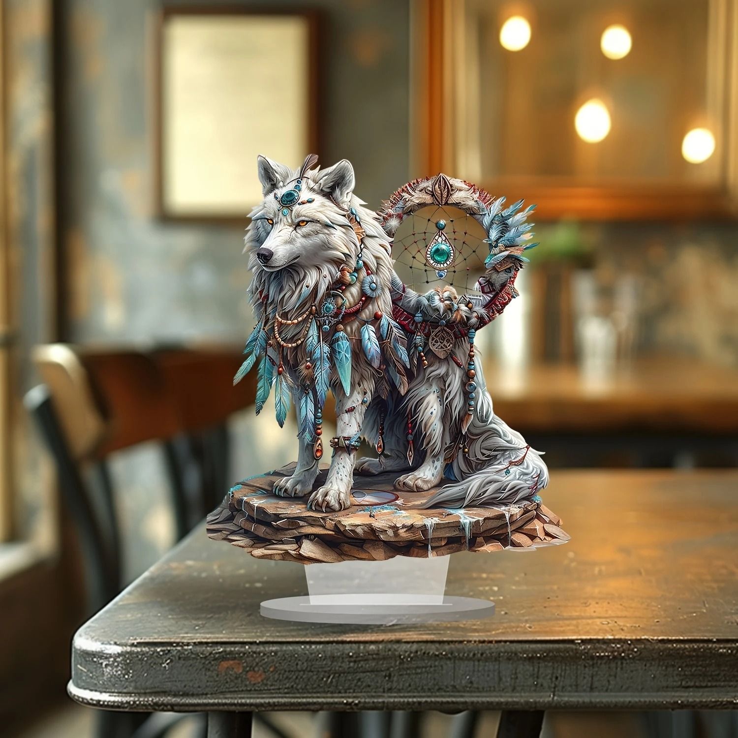 Majestic White Wolf Dream Catcher Acrylic Desk Decor