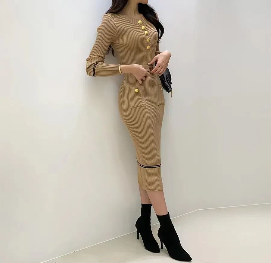 French Style Celebrity Temperament Round Collar Slim Bottom Wrap Hip Autumn Winter Dress