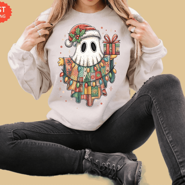 Christmas Ghost Sweatshirt | Funny Santa Hat Ghost Spooky Cute Holiday Crewneck