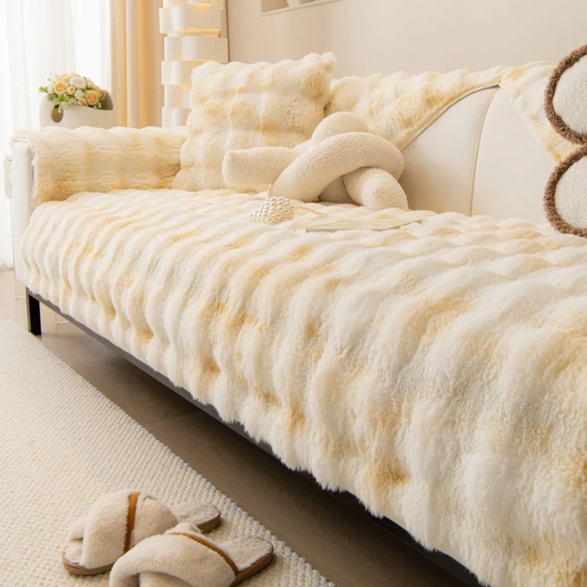 Thick faux rabbit fur sofa slipcover non slip plush couch cushion cover