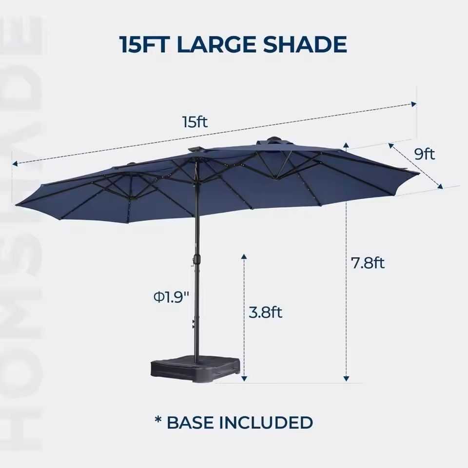 Extra Large Double Sided Patio Umbrella with Solar Lights and Base
