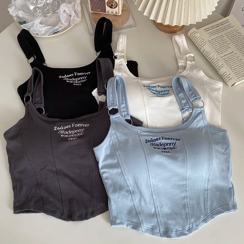 Y2K Shoulder Belt Iron Ring Crop Tank Top with Built-In Bra Pad – Embroidered Letter Slim Fit Cami