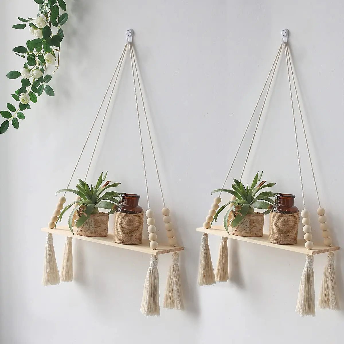 Boho Macrame Wall Hanging Shelf – Floating Wooden Decor Shelf for Bedroom & Living Room