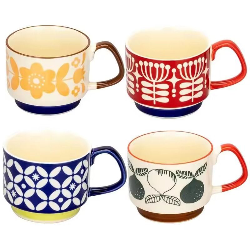 Japanese Flower Retro Ceramic Mug Set 300ml Stylish Drinkware