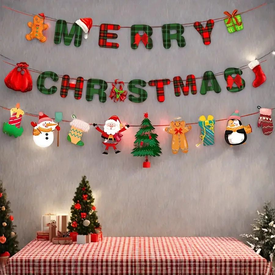 Merry Christmas Santa Snowman Paper Hanging Banner Decor
