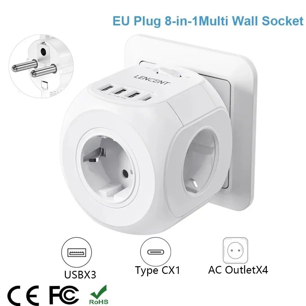 EU Plug 8-in-1 Socket Extender with USB and Type C Charging