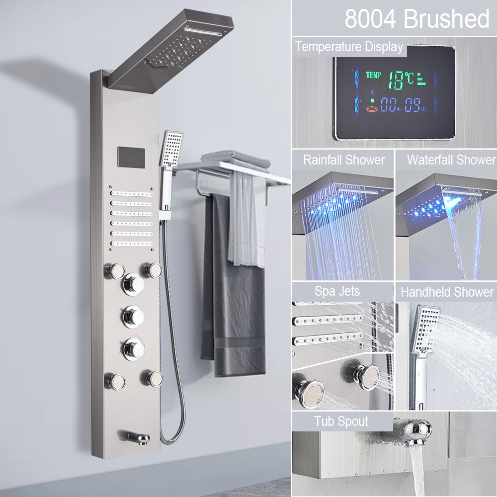 LED Light Shower Panel, Waterfall Rain Digital Display Shower Faucet Set, SPA Massage Jet Bathroom Column Mixer Tap