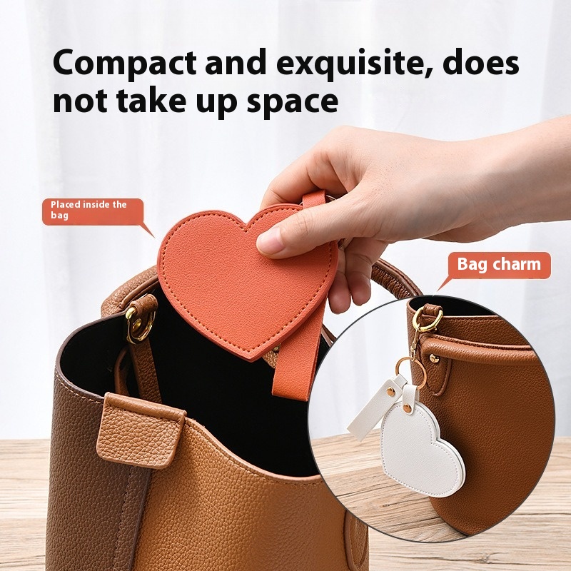 Portable Compact Heart Shape PU Leather Makeup Mirror Creativity Keychain for Purse Travel Gift