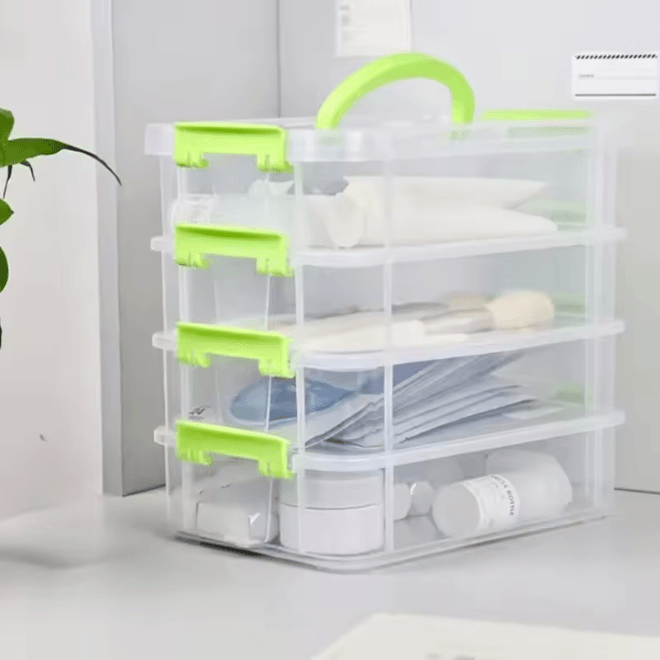 4 Layer Transparent Storage Box with Drawers Portable Plastic Organizer Case