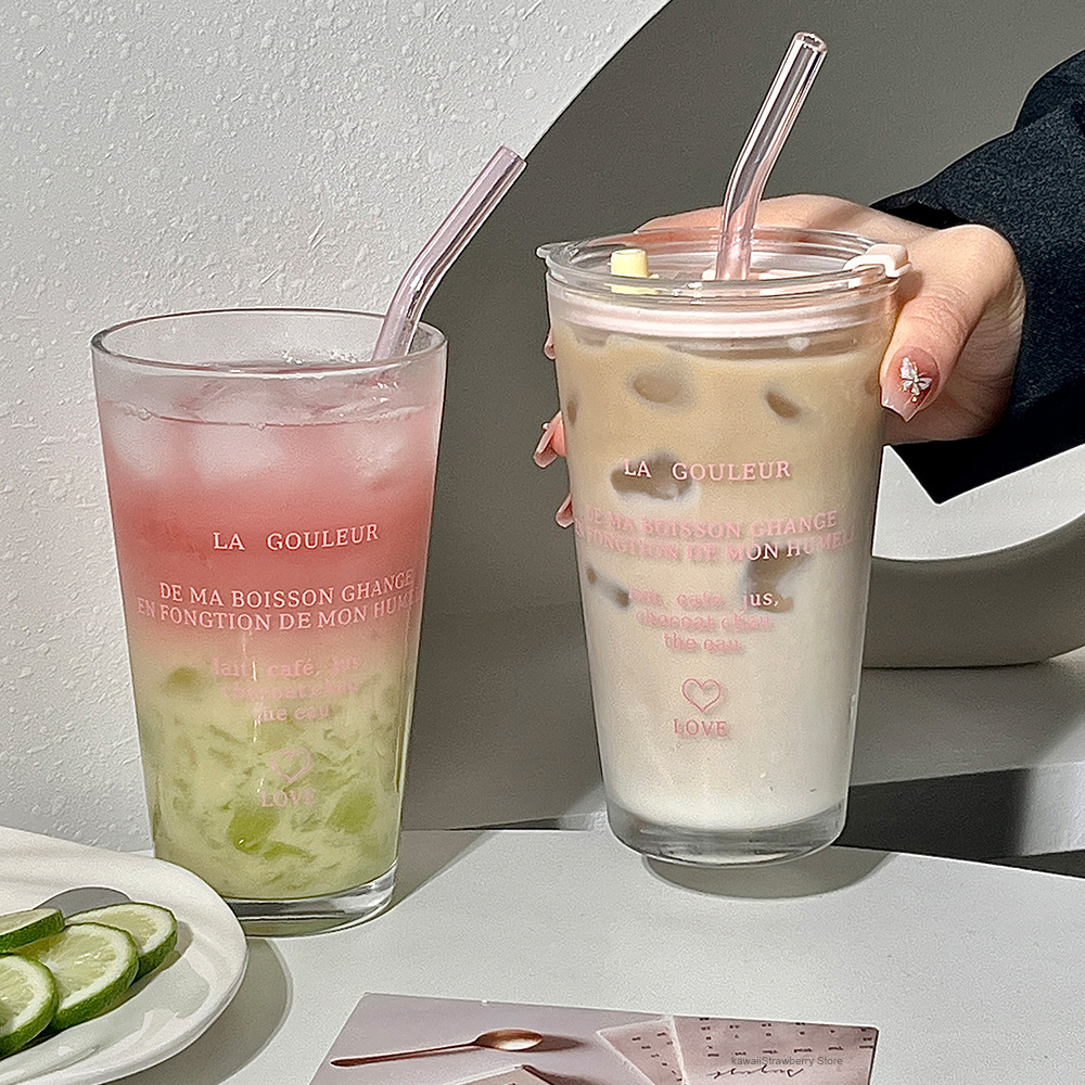 Cute Glass Tumbler with Straw and Lid, Transparent Bubble Tea Cup, Iced Coffee Juice Tea Glass, Letter Design Gift