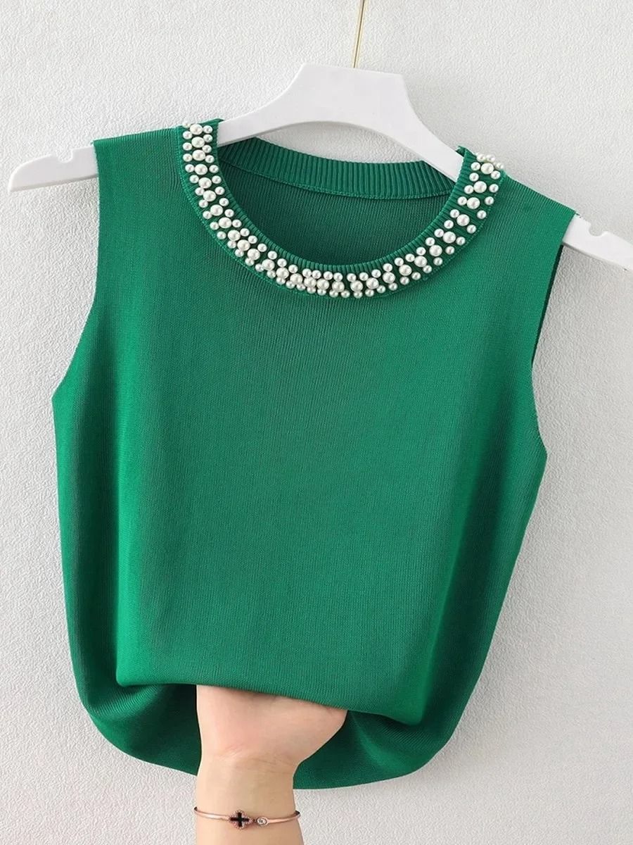 Knitted Sleeveless Beaded Tank Top Women Solid Summer Thin Fashion Vest