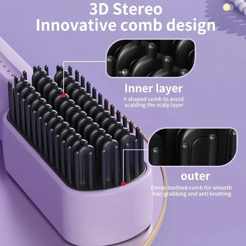 Wireless Hair Straightener, Negative Ion Hair Comb Heating Curling Brush, Rechargeable Electric Hair Care, Anti-scalding