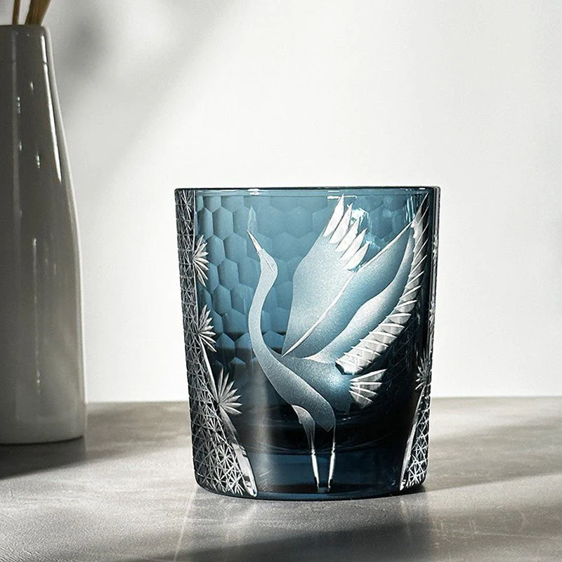 Edo Kiriko Handcrafted Pine & Crane Crystal Whisky Glass