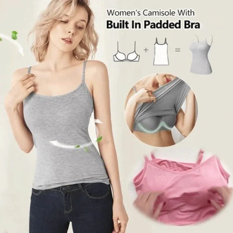 Womens Solid Padded Spaghetti Strap Cami – Built-In Bra Sexy Slim Tank Top 2024