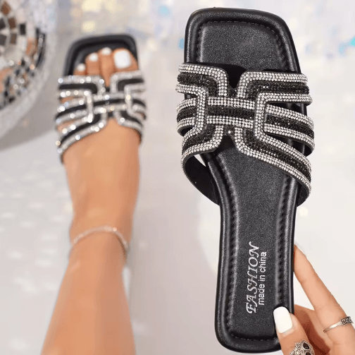 Sparkling Rhinestone Womens Sandals Ankle Strap Slide with Comfortable Flat Sole