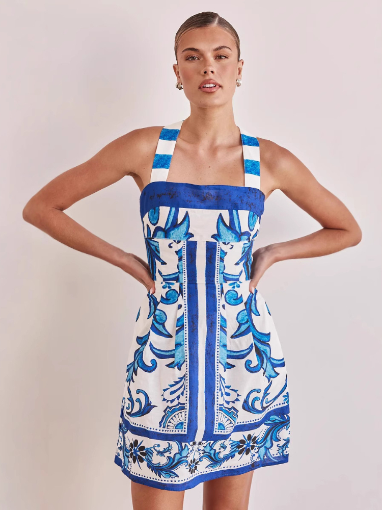 Short Vacation Strap Color Blocked Dress, Elegant New Printed Bohemian Dress