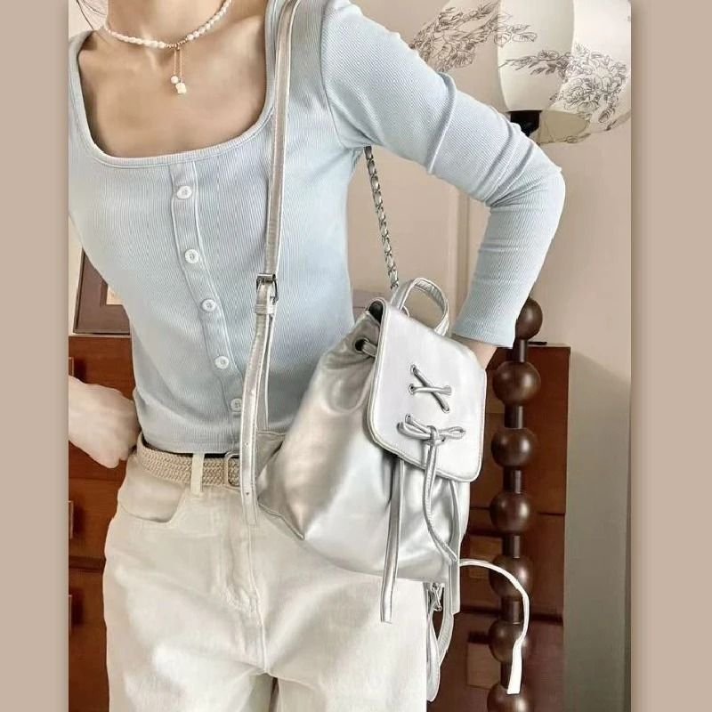 Simple Trendy PU Leather Backpack with Bowknot Detail