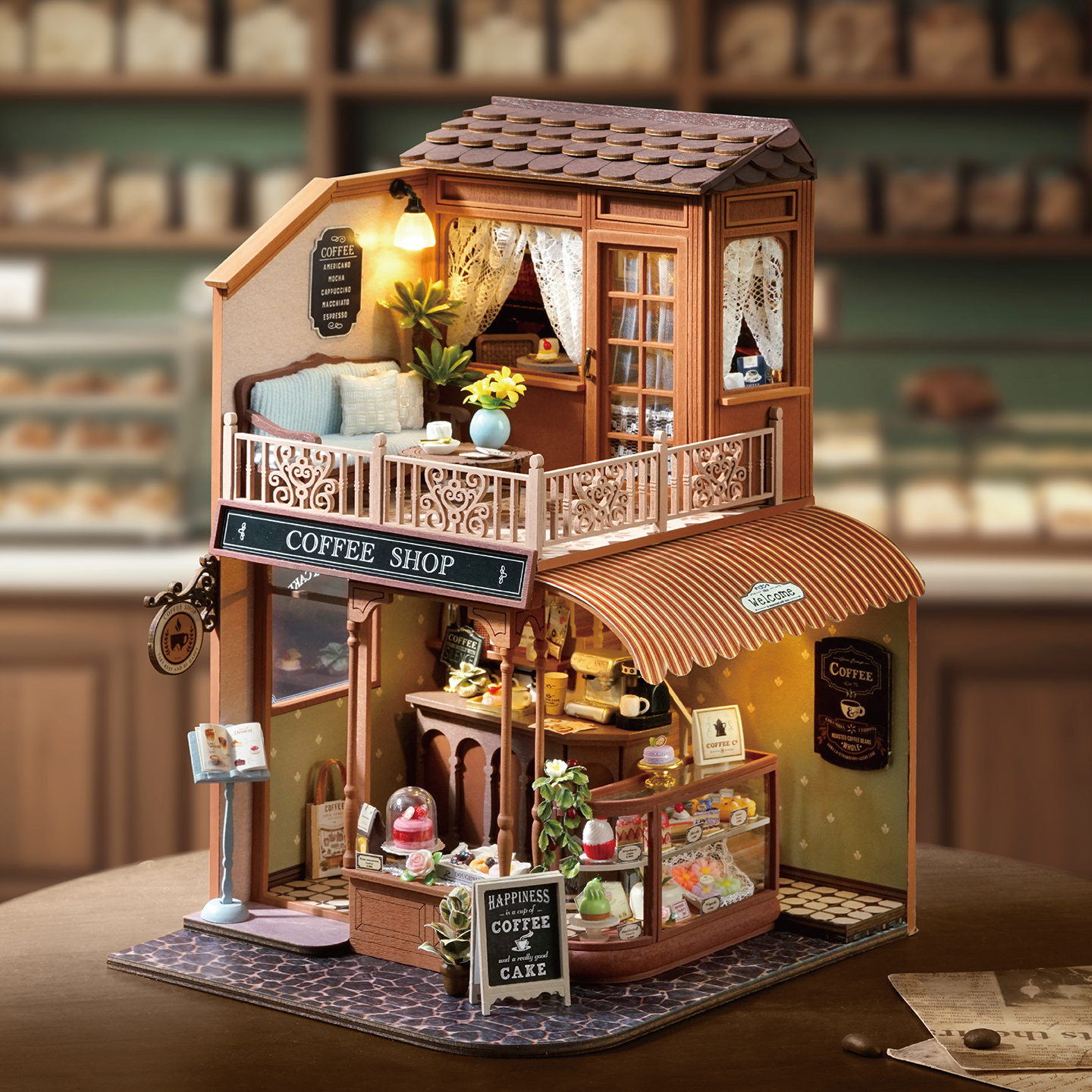 Mini House Bookshelf Dollhouse Kit, DIY 3D Puzzle Assembly Building Model, Handmade for Teens and Adults