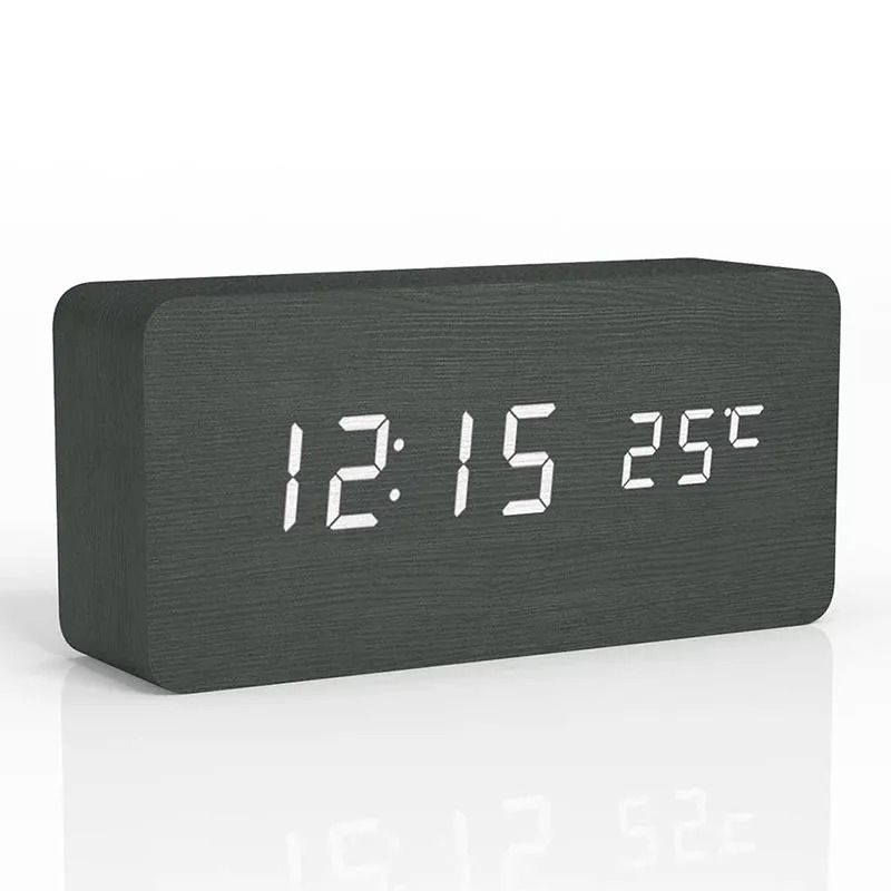 Wood Digital Alarm Clock with LED Temperature Display