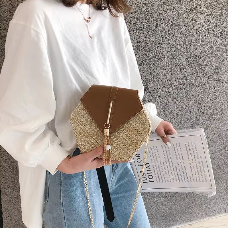 Boho Straw Rattan Shoulder Bag – Hexagon Handmade Woven Summer Handbag with Leather Strap