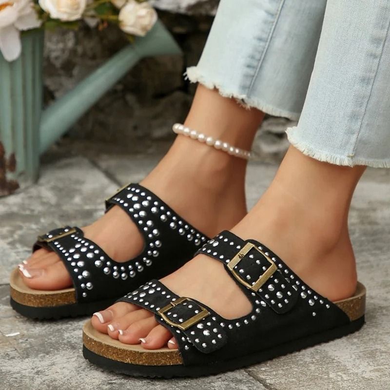 Summer Suede Flat Slipper Women Soft Bottom Rivet Street Slide Buckle Strap