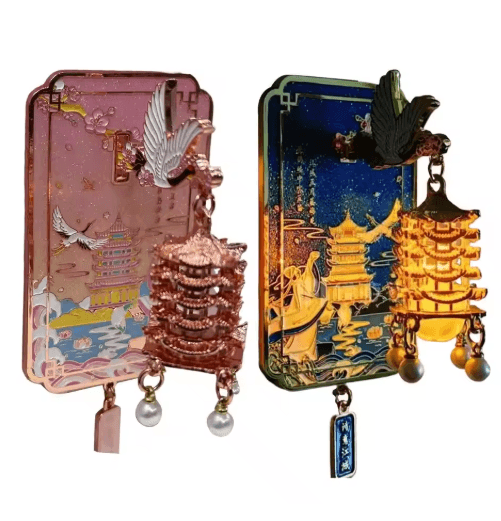Chinese Style LED Fridge Magnet Light Up Yellow Crane Tower Souvenir
