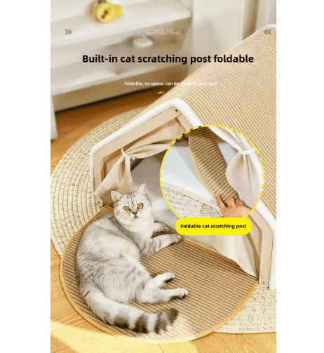 Warm Winter Cat House with Sisal Scratcher – Semi-Enclosed Cozy Nest